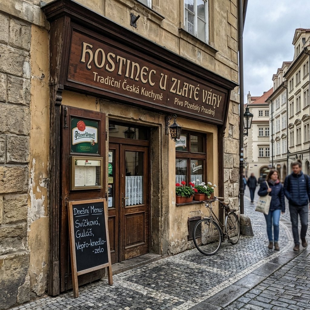 Fachada de restaurante en Chequia con letras ilegibles para el turista