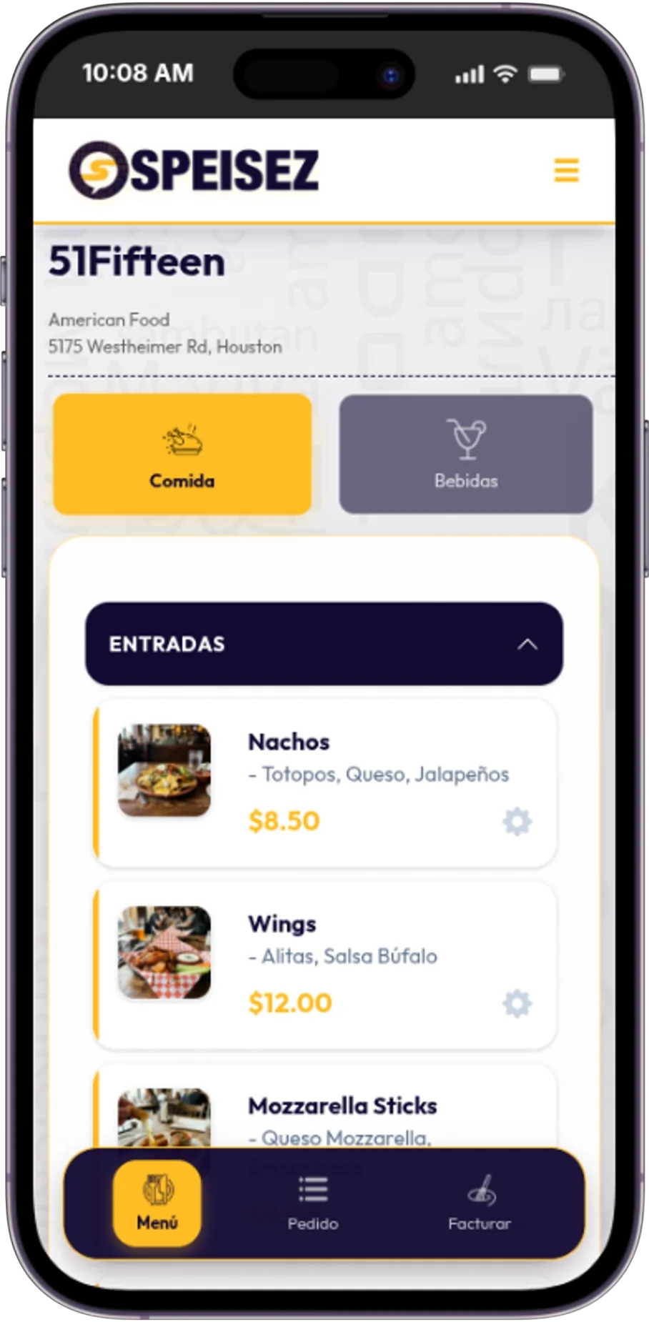 Mockup de la app Speisez mostrando el menú